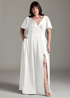 Azazie Kimber Bridesmaid Dresses White A-Line Ruched Stretch Satin Dress image1