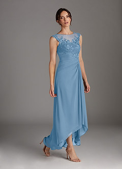 Azazie Endora Final Sale Steel Blue A-Line Scoop Lace Chiffon Dress image3