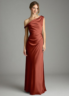 Azazie Emerson Robes de demoiselle d'honneur Robe Sirène en Satin extensible Épaule décolletée Terracotta image4