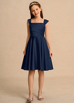 Azazie Budle Flower Girl Dresses Dark Navy A-Line Pleated Matte Satin Dress image4