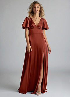Azazie Kimber Robes de demoiselle d'honneur Robe Trapèze en Satin extensible Rayé Terracotta image3