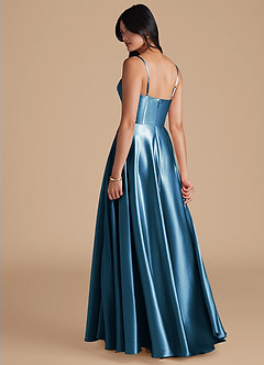 Azazie Elle Bridesmaid Dresses Steel Blue A-Line with Pockets Metallic Satin Dress image4
