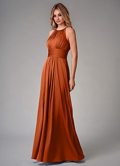 Azazie Bonnie Vestidos de damas de honor Vestido de Naranja Quemada de Satén Elástico de Corte en A con Plisado image3