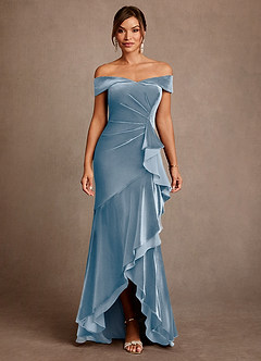 Azazie Billings Abiti per la Madre della Sposa Abito Sirena in Velluto a Spalla Scoperta Blu Polveroso image1