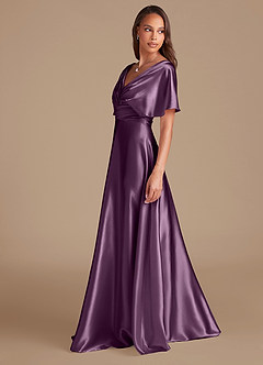 Azazie Pamela Bridesmaid Dresses Plum A-Line Pleated Metallic Satin Dress image5