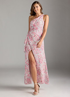 Azazie Maive Bridesmaid Dresses Abstract Watercolor Floral Sheath Pleated Ruffle Chiffon Dress image3