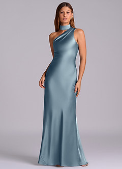 Azazie Seona Robes de demoiselle d'honneur Robe Sirène en Satin extensible Une épaule Bleu Poussiéreux image1