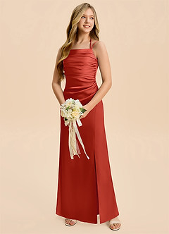 Azazie Nova Junior Rust A-Line Pleated Stretch Satin Dress image3