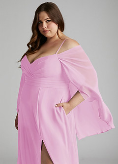 Azazie Cienna Bridesmaid Dresses Candy Pink A-Line Off the Shoulder Chiffon Dress image11