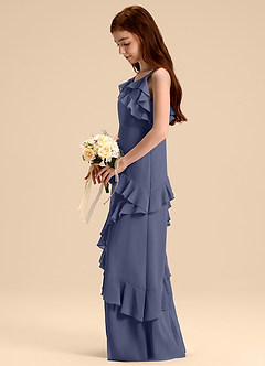 Azazie Evara Junior Robe Trapèze en Mousseline de soie Bleu Orageux image5