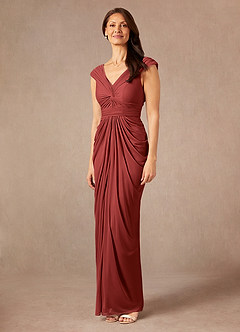 Azazie Lisolette Mother of the Bride Dresses Rust Sheath Pleated Mesh Dress image4