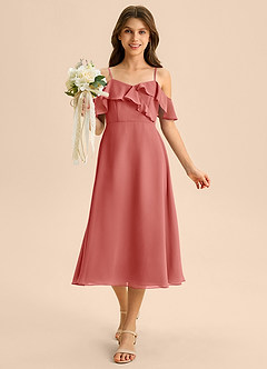 Azazie Kamilla Junior Abito A-Line in Chiffon a Spalla Scoperta Rosa Antica image4