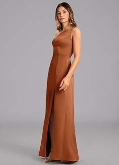 Azazie Phaedra Bridesmaid Dresses Copper A-Line One Shoulder Stretch Satin Dress image5