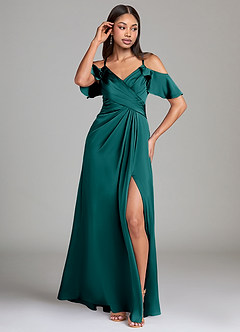 Azazie Dakota Bridesmaid Dresses Peacock A-Line Off the Shoulder Stretch Satin Dress image4