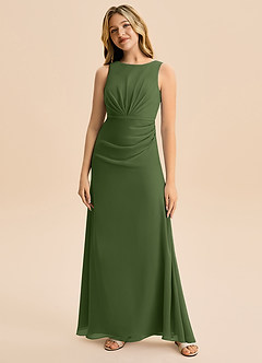 Azazie Floris Junior Robe Trapèze en Mousseline de soie Plissée Olive image4