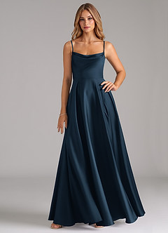 Azazie Elle Vestidos de damas de honor Vestido Azul Marino Oscuro de Satén Elástico de Línea A con Plisado image1