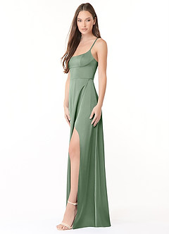 Azazie Halsey Robes de demoiselle d'honneur Robe Fourreau en Satin extensible Fente Latérale Matcha image4