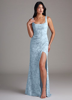 Azazie Mero Bridesmaid Dresses Sky Blue Sheath Pleated Floral Burnout Dress image1