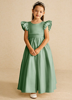 Azazie Piglette Robe Demoiselle D'honneur Fillette Robe Trapèze en Mat Satiné Arc Matcha image4