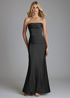 Azazie Lenya Bridesmaid Dresses Black Sheath Pleated Stretch Satin Dress image1