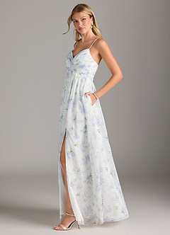 Azazie Alia Bridesmaid Dresses Blue Vintage Floral A-Line Pleated Chiffon Dress image5