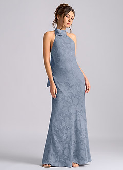 Azazie Velli Vestidos de damas de honor Vestido de Azul Polvoriento de Devorado Floral de Corte Sirena con Cuello Alto image5