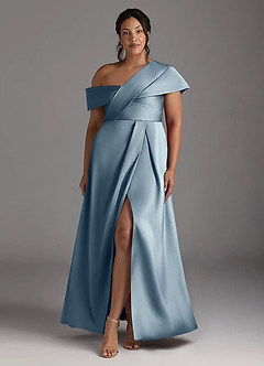Azazie Milton Mother of the Bride Dresses Dusty Blue A-Line Pleated Stretch Satin Dress image9