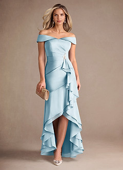 Azazie Billings Mère de la mariée Robes Robe Sirène en Satin extensible Épaule décolletée Bleu Ciel image1