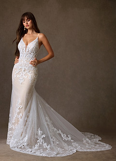 Azazie Selene Final Sale Diamond White Champagne Mermaid V-Neck Lace Dress image6