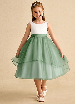 Azazie Rene vestidos de niña de las flores Vestido de Marfil Matcha de Tul de Corte En A con Lazo image4