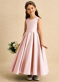 Azazie Mapel Flower Girl Dresses Blushing Pink Ball-Gown Pleated Matte Satin Dress image2