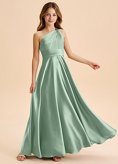 Azazie Charlize Junior A라인 주름진 스트레치 새틴 플로어 길이 주니어 신부 들러리 드레스 image5