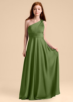 Azazie Charlize Junior Juniper A-Line Pleated Stretch Satin Dress image4
