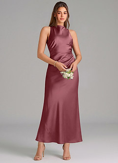 Azazie Evadne Vestidos de damas de honor Vestido de Rosa Del Desierto de Satén Elástico de Corte Recto con Plisado image3