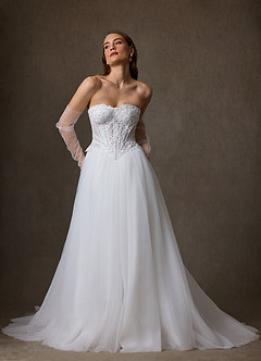Azazie Ione Wedding Dresses Diamond White A-Line Strapless Lace Dress image3