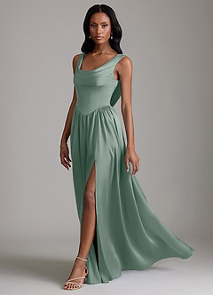Azazie Novi Robes de demoiselle d'honneur Robe Trapèze en Satin extensible avec poches Sauge D'argent image6