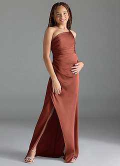 Azazie Eren Junior Vestido de Castaño de Satén Elástico de Recto con Plisado image3
