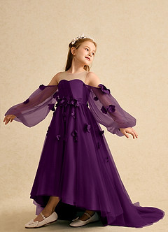 Azazie Karrie Flower Girl Dresses Grape A-Line with Sleeves Tulle Dress image5