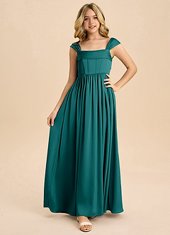 Azazie Hattie Junior Abito A-Line in Raso Elasticizzato Plissettato Verde Pavone image5