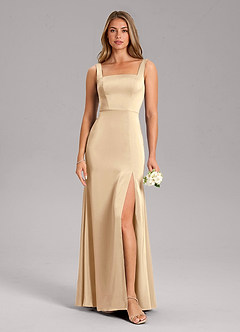 Azazie Frostine Bridesmaid Dresses Champagne A-Line Bow Stretch Satin Dress image3