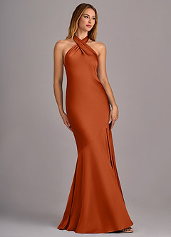 Azazie Lorena Bridesmaid Dresses Burnt Orange Mermaid Pleated Stretch Satin Dress image3