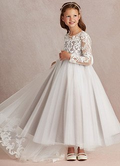 Azazie Elodie Flower Girl Dresses Ivory Taupe Ball-Gown Lace Dress image5