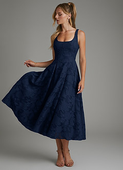 Azazie Isabella Bridesmaid Dresses Dark Navy A-Line Corset Floral Burnout Dress image3