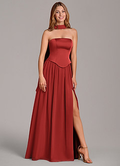 Azazie Cadence Bridesmaid Dresses Pomegranate A-Line Corset Stretch Satin Convertible Dress image1
