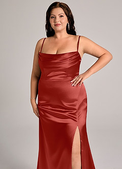 Azazie Saige Bridesmaid Dresses Rust Sheath Off the Shoulder Metallic Satin Convertible Dress image15