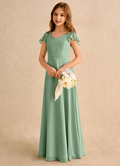 Azazie Nari Girls Formal Blumenmädchenkleider A-Linie mit ärmel Chiffon Kleid Matcha image3