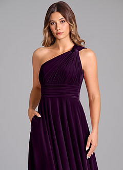 Azazie Charlize Bridesmaid Dresses Grape A-Line One Shoulder Velvet Dress image6
