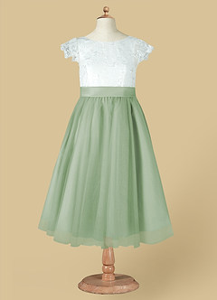 Azazie Vetty Flower Girl Dresses Ivory Dusty Sage A-Line Lace Tulle Dress image8