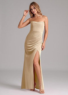 Azazie Leonis Bridesmaid Dresses Champagne Mermaid Strapless Velvet Dress image4