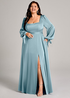 Azazie Leonia Robes de demoiselle d'honneur Robe Trapèze en Satin extensible Manche longue Bleu Maussade image8